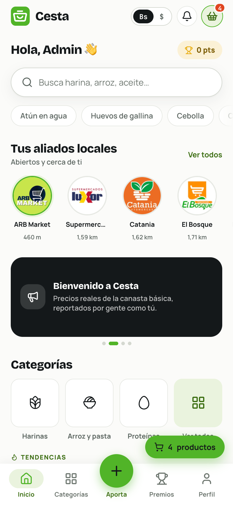 Pantalla de inicio de Cesta