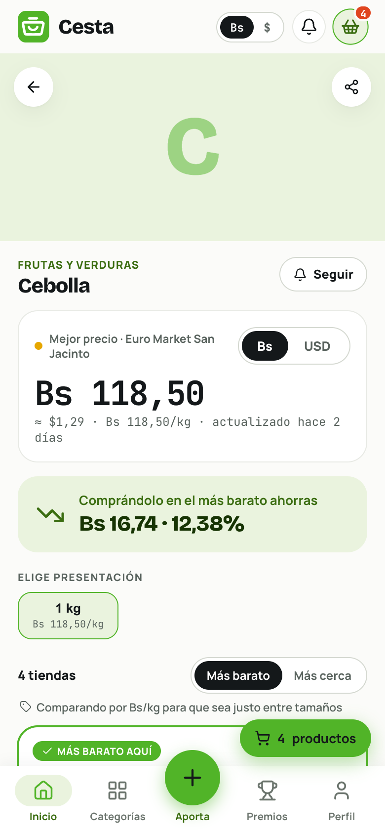 Comparación de precios por kilo